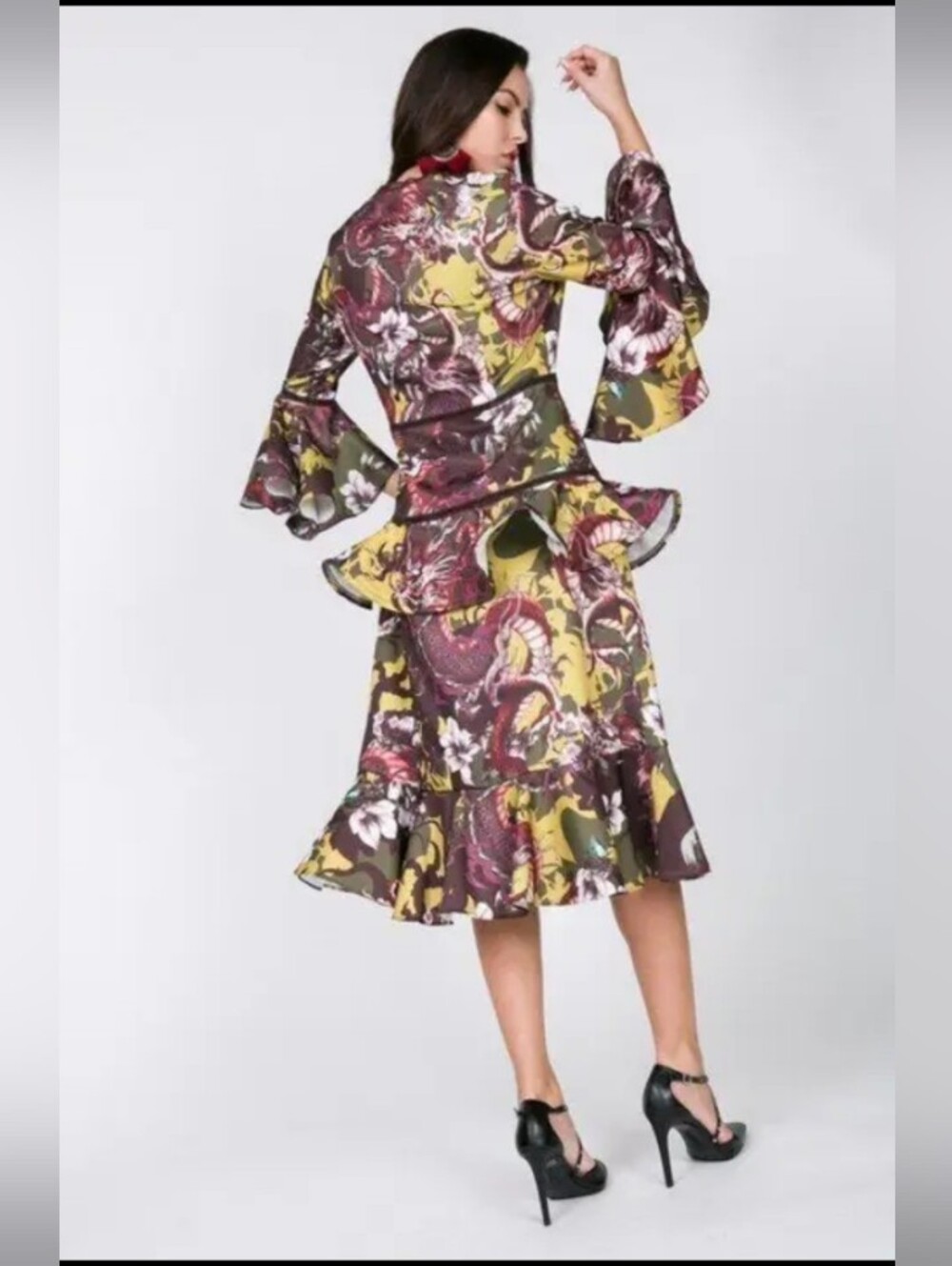 Floral Ruffle Midi Dress in Multi-Color